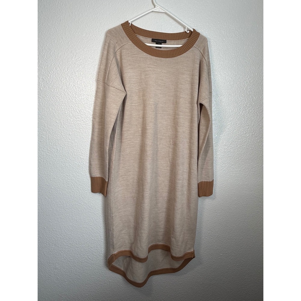 French Connection Beige High-Low Knit Sweater Dress Medium Tan Trim Long Sleeve